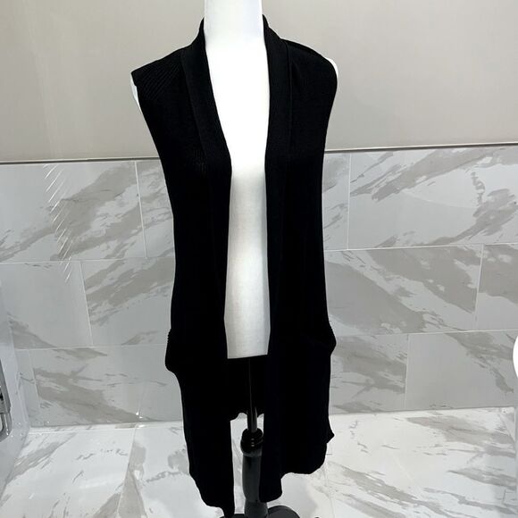 WILFRED DUNKIRK SWEATER M BLACK LONG KNIT OPEN CARDIGAN VEST ARITZIA - Picture 1 of 8